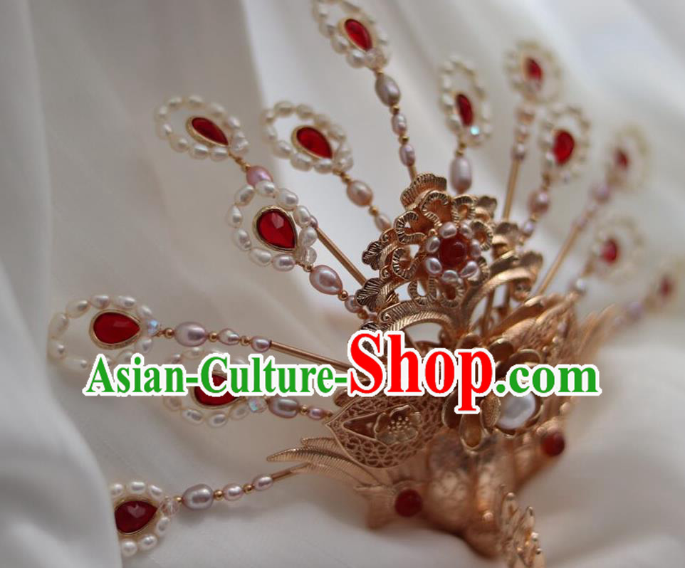 China Ancient Empress Pearls Hairpin Traditional Ming Dynasty Golden Phoenix Hair Crown