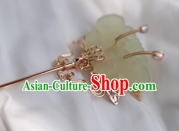 China Ancient Princess Jade Hairpin Traditional Ming Dynasty Golden Dragonfly Hair Stick