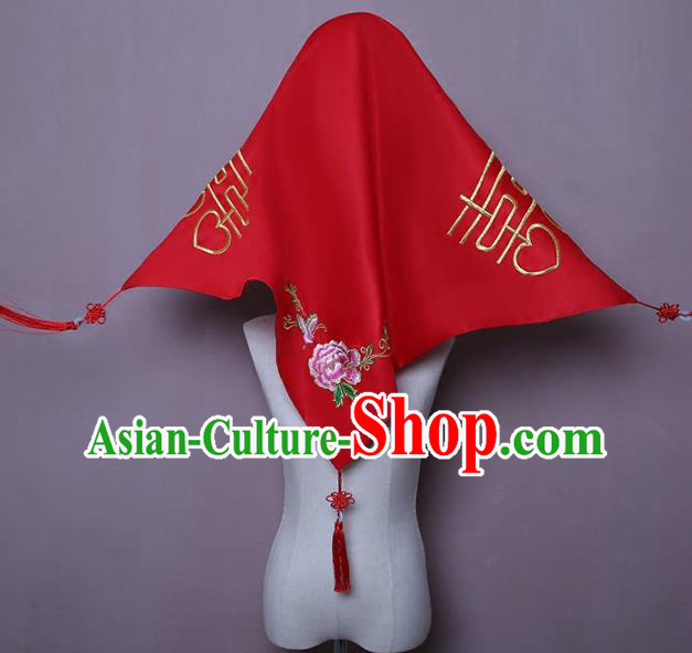 Chinese Classical Xiuhe Suit Red Satin Accessories Traditional Wedding Headwear Embroidered Peony Butterfly Bridal Veil