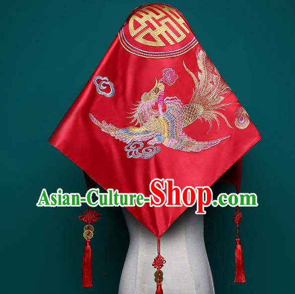 Chinese Traditional Xiuhe Suit Hair Accessories Classical Wedding Headdress Embroidered Phoenix Red Satin Bridal Veil