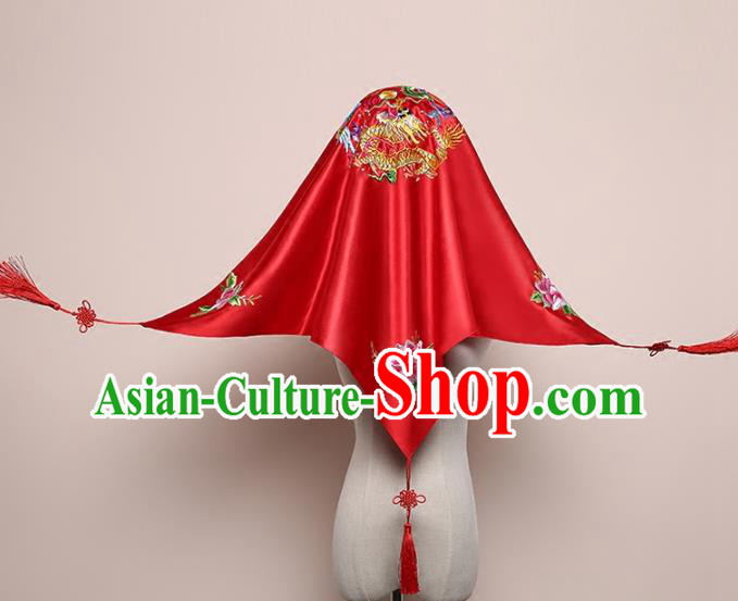 Chinese Traditional Embroidered Dragon Phoenix Red Satin Bridal Veil Classical Wedding Headdress