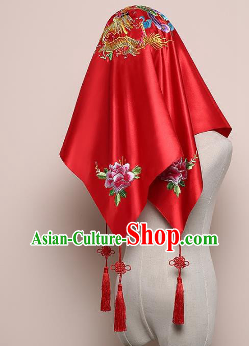 Chinese Traditional Embroidered Dragon Phoenix Red Satin Bridal Veil Classical Wedding Headdress