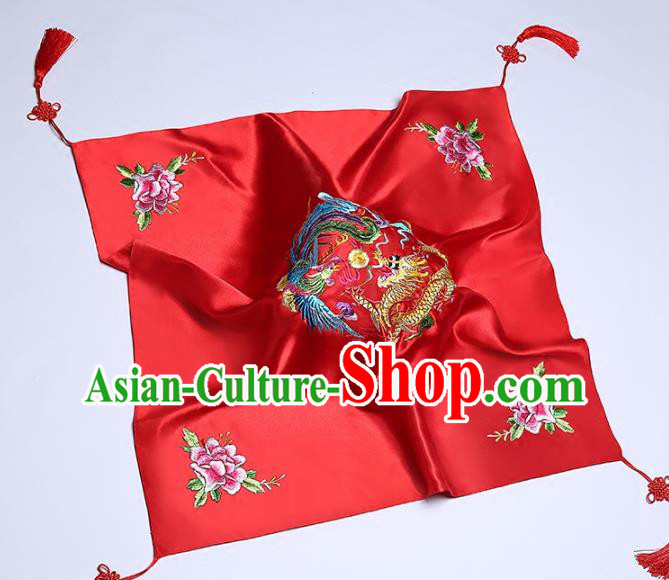 Chinese Traditional Embroidered Dragon Phoenix Red Satin Bridal Veil Classical Wedding Headdress