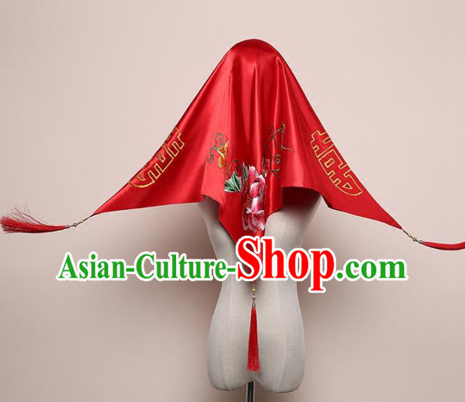 Chinese Traditional Embroidered Peony Bridal Veil Classical Wedding Headdress Red Satin Kerchief