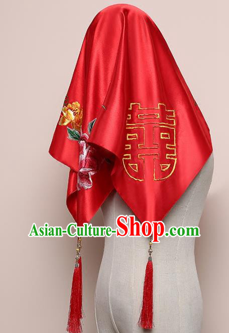 Chinese Traditional Embroidered Peony Bridal Veil Classical Wedding Headdress Red Satin Kerchief