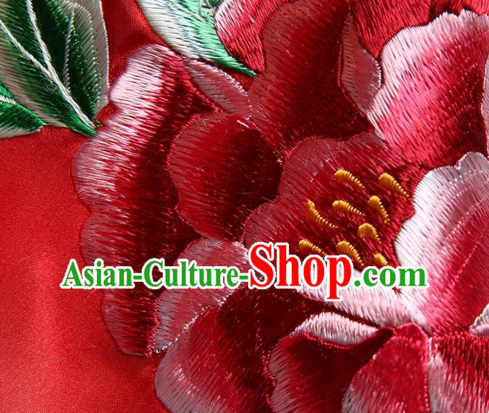 Chinese Traditional Embroidered Peony Bridal Veil Classical Wedding Headdress Red Satin Kerchief