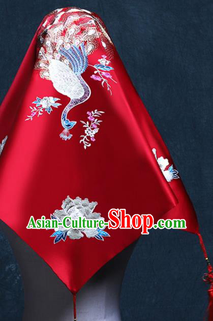 Chinese Red Satin Kerchief Traditional Embroidered Peacock Peony Bridal Veil Classical Wedding Headdress