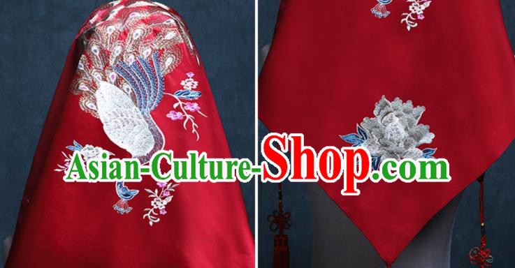 Chinese Red Satin Kerchief Traditional Embroidered Peacock Peony Bridal Veil Classical Wedding Headdress