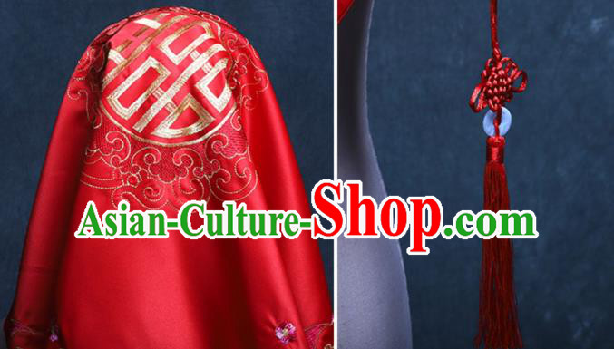 Chinese Wedding Red Satin Kerchief Traditional Embroidered Bridal Veil Classical Headdress