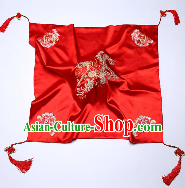 Chinese Wedding Red Satin Kerchief Classical Headdress Traditional Embroidered Phoenix Peony Bridal Veil