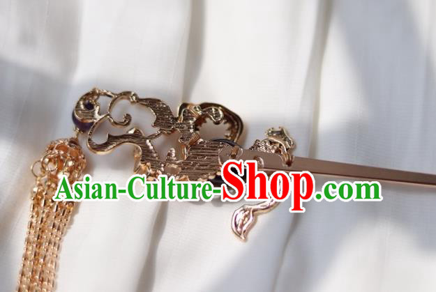 China Ancient Empress Amethyst Hairpin Traditional Ming Dynasty Golden Dragon Tassel Hair Stick