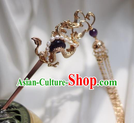 China Ancient Empress Amethyst Hairpin Traditional Ming Dynasty Golden Dragon Tassel Hair Stick
