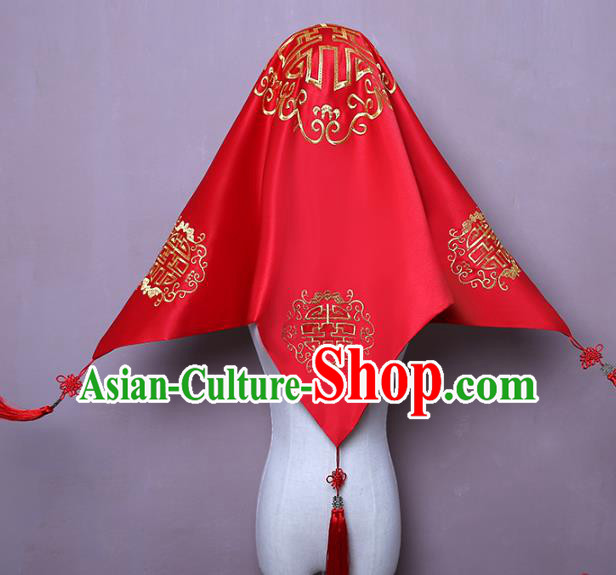 Chinese Embroidered Red Satin Bridal Veil Classical Xiuhe Suit Accessories Traditional Wedding Headpiece