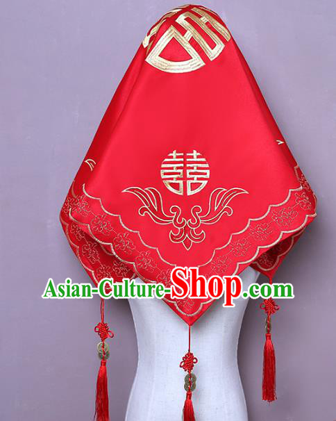 Chinese Classical Wedding Headpiece Traditional Xiuhe Suit Accessories Embroidered Red Satin Bridal Veil