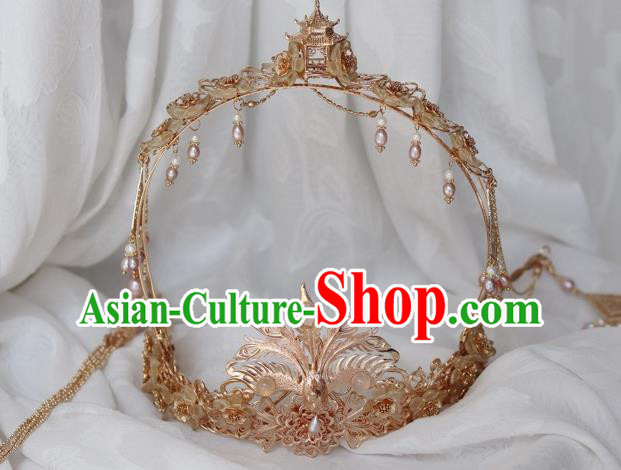 China Ancient Empress Golden Phoenix Coronet Traditional Ming Dynasty Pearls Tassel Hair Crown