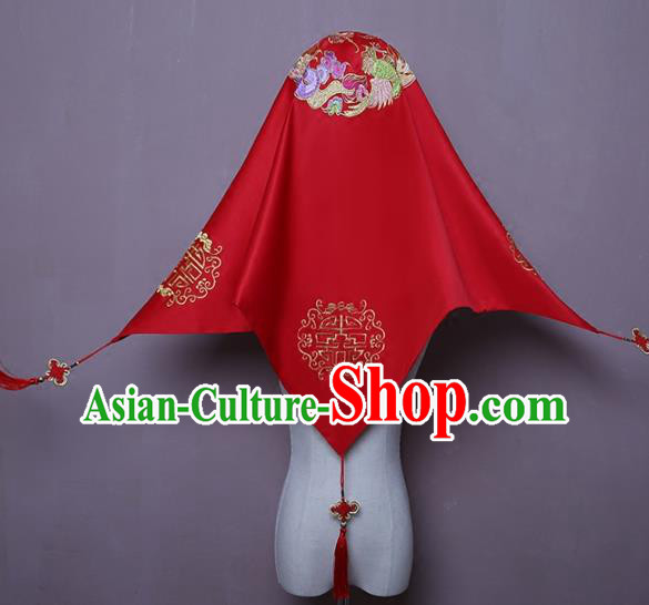 Chinese Traditional Xiuhe Suit Accessories Embroidered Phoenix Red Satin Bridal Veil Classical Wedding Headwear