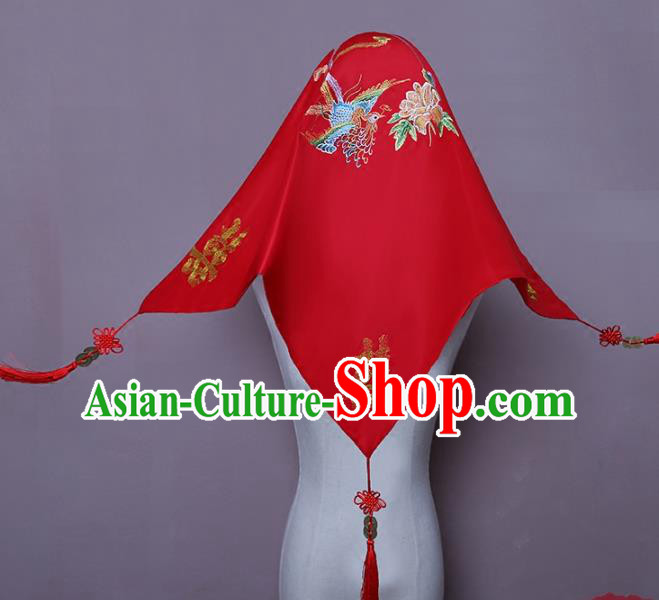 Chinese Embroidered Phoenix Peony Red Satin Bridal Veil Classical Wedding Headdress Traditional Xiuhe Suit Accessories