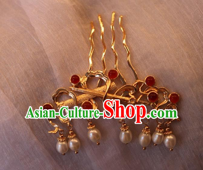 China Ancient Princess Golden Sword Hairpin Traditional Tang Dynasty Pearls Tassel Hair Comb