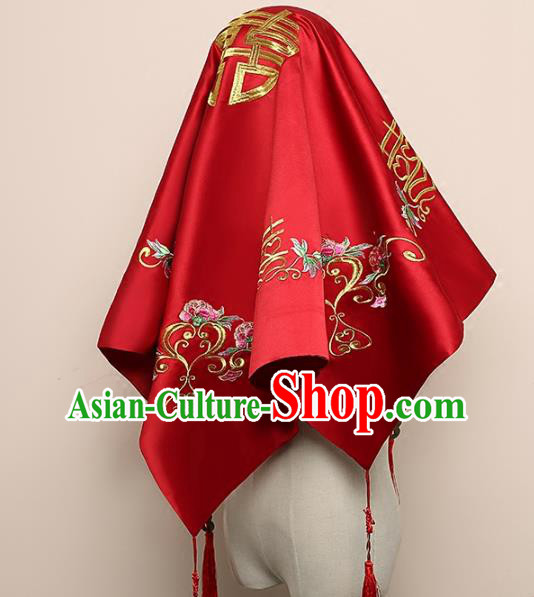 Chinese Classical Wedding Headdress Embroidered Red Satin Bridal Veil Traditional Xiuhe Suit Hair Accessories