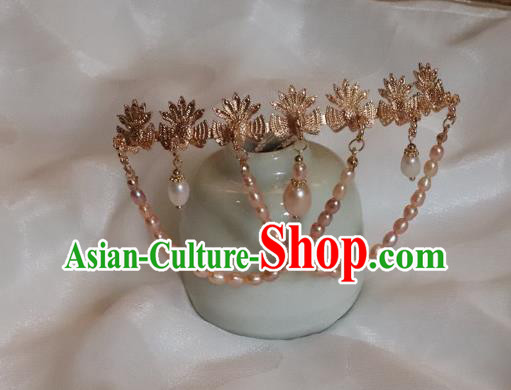 China Ancient Palace Empress Pearls Hairpin Traditional Ming Dynasty Golden Phoenix Hair Stick