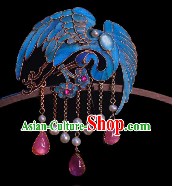China Handmade Rose Quartz Tassel Brooch Accessories Traditional Qing Dynasty Cloisonne Crane Breastpin Jewelry