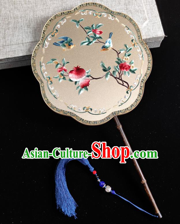 Chinese Traditional Song Dynasty Wedding Palace Fan Handmade Embroidered Pomegranate Silk Fan
