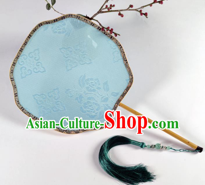 Chinese Handmade Jacquard Blue Silk Fan Traditional Ming Dynasty Princess Palace Fan