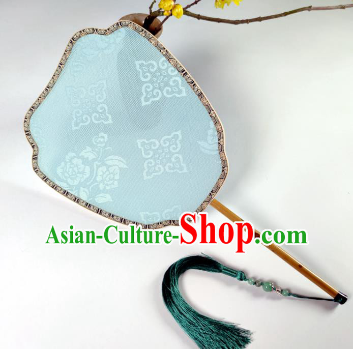 Chinese Traditional Ming Dynasty Princess Palace Fan Handmade Jacquard Blue Silk Fan