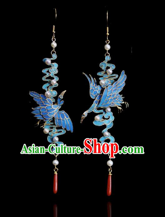 Chinese Ancient Qing Dynasty Court Pearls Ear Accessories Traditional Culture Jewelry Cloisonne Crane Earrings