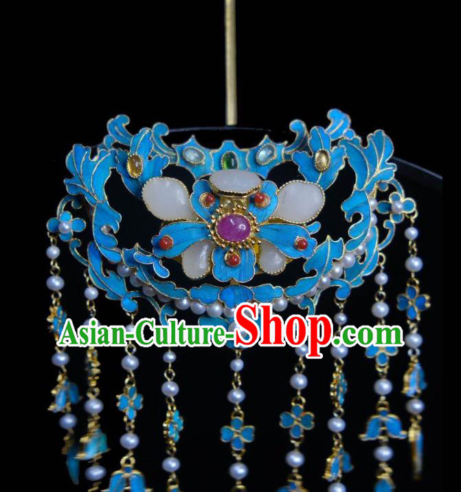 Chinese Ancient Empress Jade Butterfly Hairpin Traditional Qing Dynasty Pearls Hair Jewelry Accessories