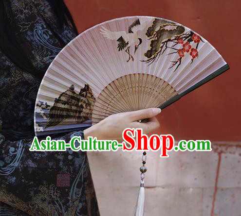 Chinese Traditional Silk Fan Bamboo Accordion Printing Crane Plum Folding Fan