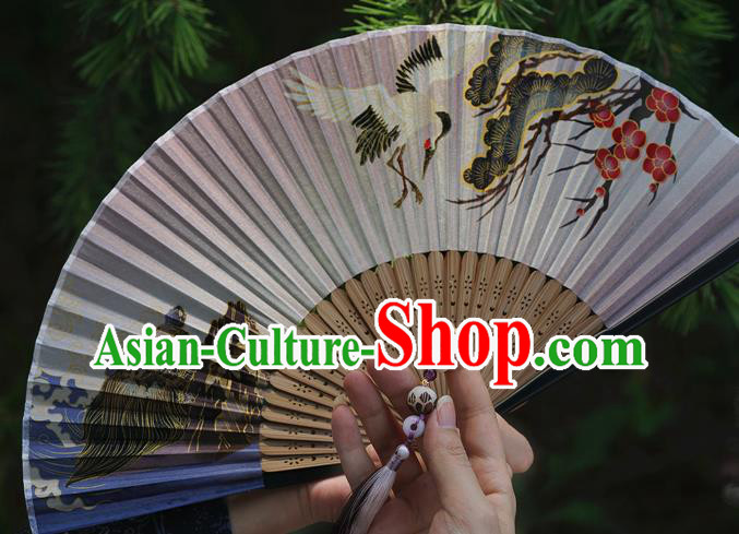 Chinese Traditional Silk Fan Bamboo Accordion Printing Crane Plum Folding Fan