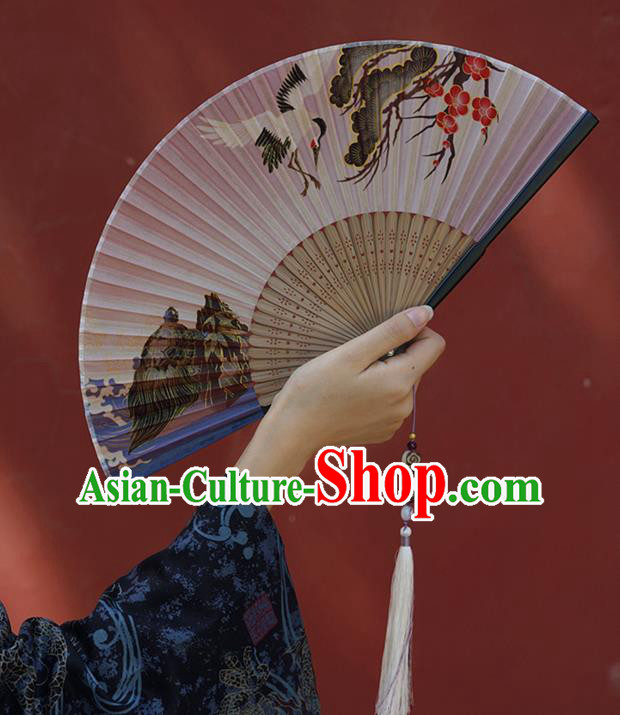 Chinese Traditional Silk Fan Bamboo Accordion Printing Crane Plum Folding Fan