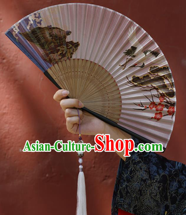 Chinese Traditional Silk Fan Bamboo Accordion Printing Crane Plum Folding Fan