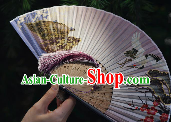 Chinese Traditional Silk Fan Bamboo Accordion Printing Crane Plum Folding Fan