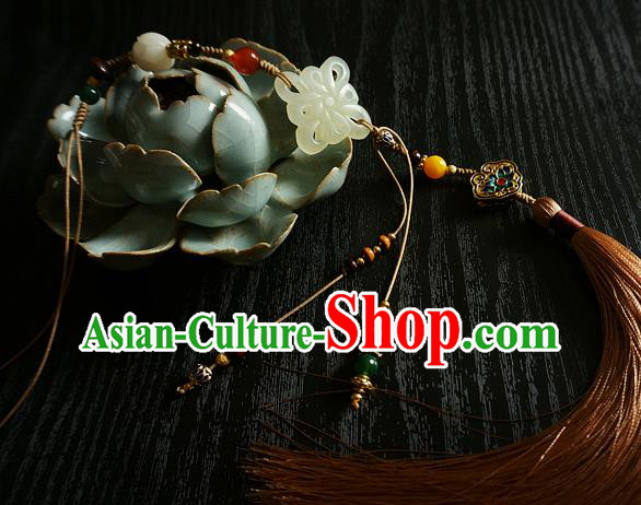 Chinese Classical Brown Tassel Jade Pendant Traditional Hanfu Waist Accessories