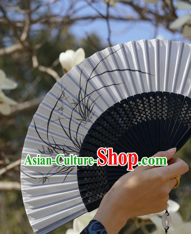 Chinese Bamboo Accordion Ink Painting Orchids Folding Fan Traditional Silk Fan