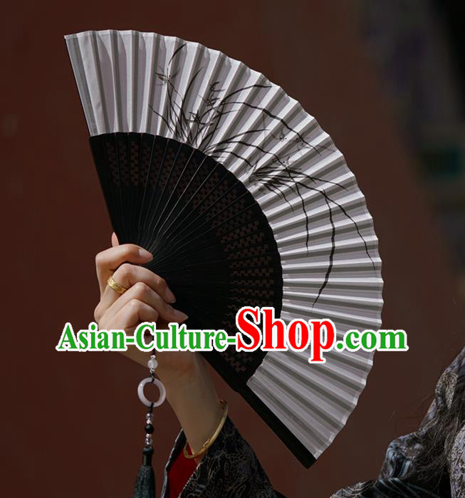 Chinese Bamboo Accordion Ink Painting Orchids Folding Fan Traditional Silk Fan