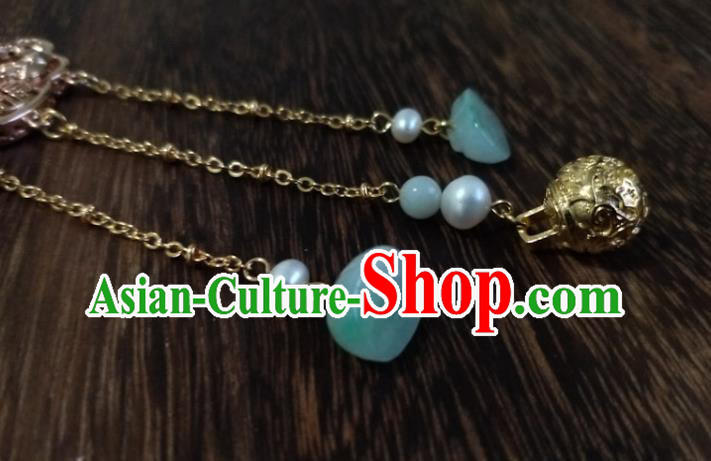 Chinese Traditional Hanfu Golden Lotus Brooch Accessories Classical Jade Tassel Pendant