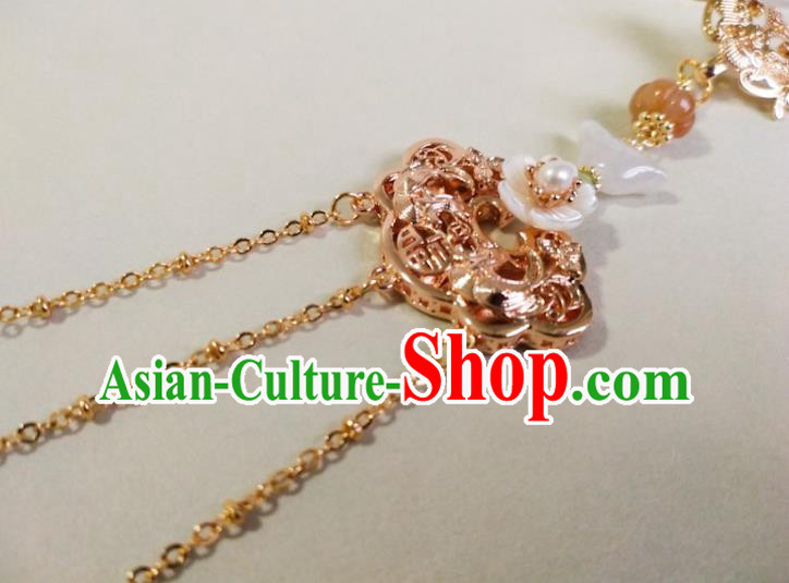 Chinese Traditional Hanfu Golden Lotus Brooch Accessories Classical Jade Tassel Pendant