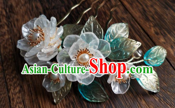 China Ancient Princess Pearls Flowers Hairpin Traditional Ming Dynasty White Gardenia Hair Comb