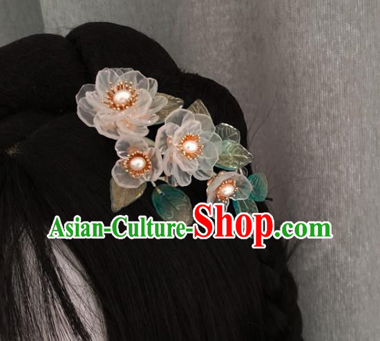 China Ancient Princess Pearls Flowers Hairpin Traditional Ming Dynasty White Gardenia Hair Comb