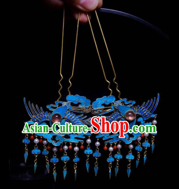 Chinese Ancient Empress Cloisonne Crane Tassel Hairpin Traditional Qing Dynasty Hair Jewelry Tourmaline Accessories