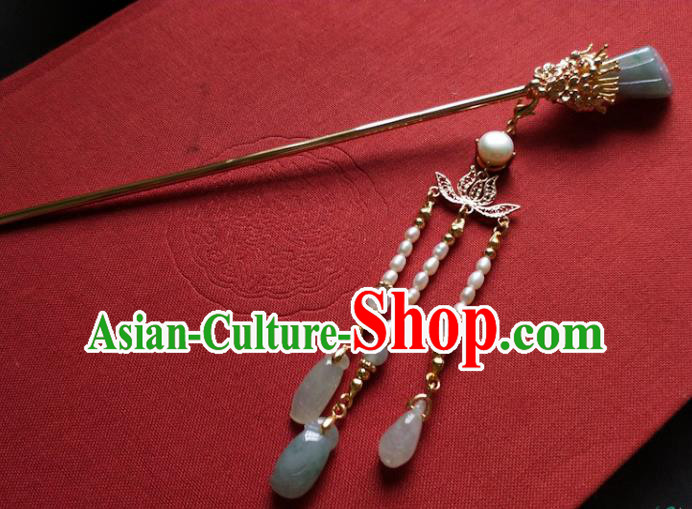 China Ancient Princess Aventurine Hairpin Traditional Ming Dynasty Pearls Tassel Hair Stick
