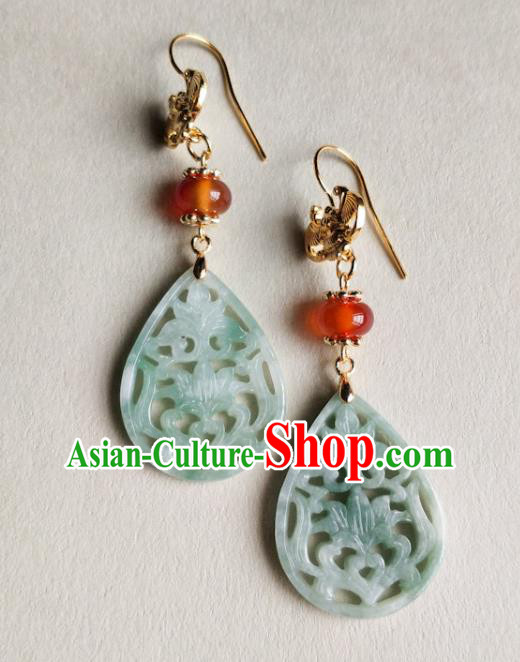 Chinese Traditional Jade Carving Lotus Ear Accessories Handmade Classical Cheongsam Earrings