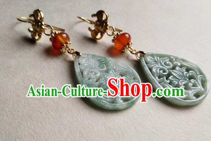 Chinese Traditional Jade Carving Lotus Ear Accessories Handmade Classical Cheongsam Earrings