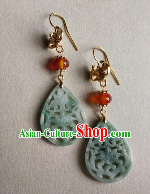Chinese Traditional Jade Carving Lotus Ear Accessories Handmade Classical Cheongsam Earrings
