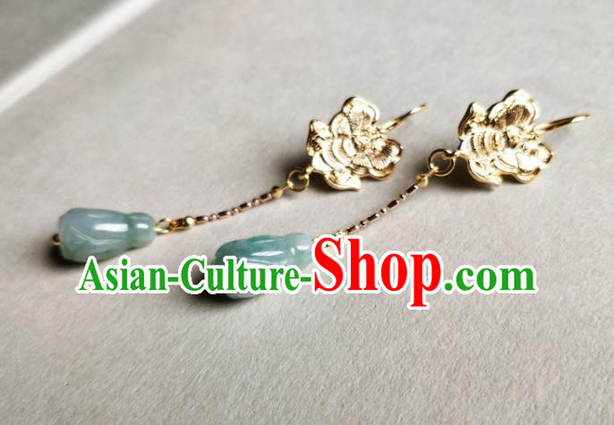 Chinese Traditional Golden Butterfly Ear Accessories Handmade Classical Cheongsam Jade Mangnolia Earrings