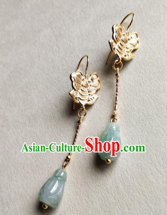 Chinese Traditional Golden Butterfly Ear Accessories Handmade Classical Cheongsam Jade Mangnolia Earrings