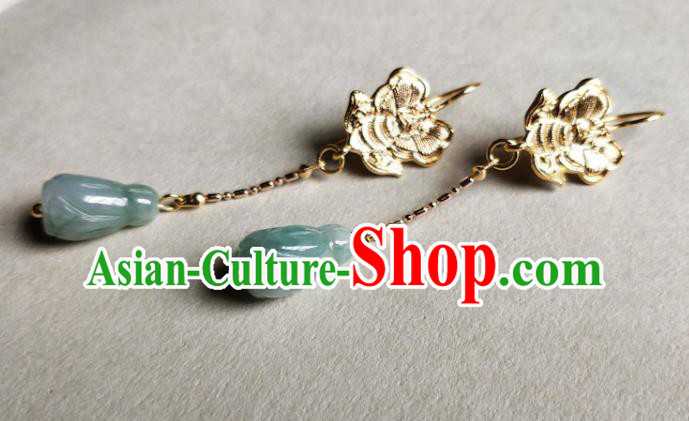 Chinese Traditional Golden Butterfly Ear Accessories Handmade Classical Cheongsam Jade Mangnolia Earrings